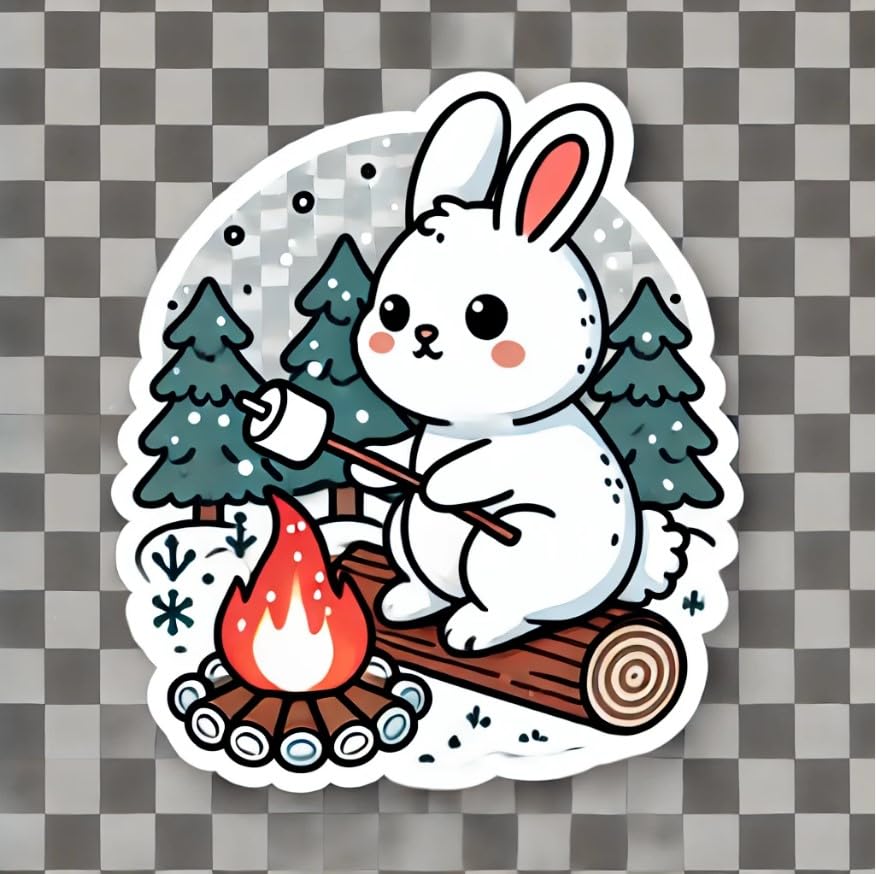 Vinyl sticker: Cozy Winter Rabbit Wall Laptop Car Window Bumper Sticker Decal – Waterproof Vinyl Rabbit by Campfire for Water Bottles and Auto Use