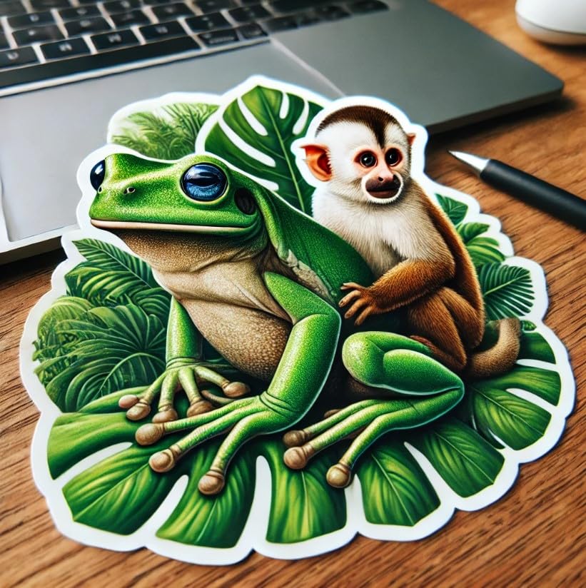 Vinyl sticker: Nature-Inspired Frog and Monkey on Tropical Leaf Sticker Decal for Laptop, Wall, Car, Window, Bumper, Truck, Water Bottle - Durable Vinyl Sticker for Auto and Home Decor