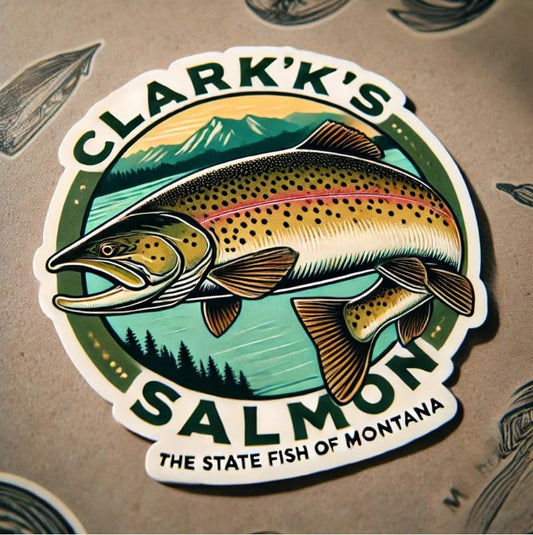 Vinyl sticker: Clark's Salmon Montana Fishing Sticker for Laptop, Wall, Car, Window, Bumper, Decal, Truck, Waterproof, Auto, Water Bottle