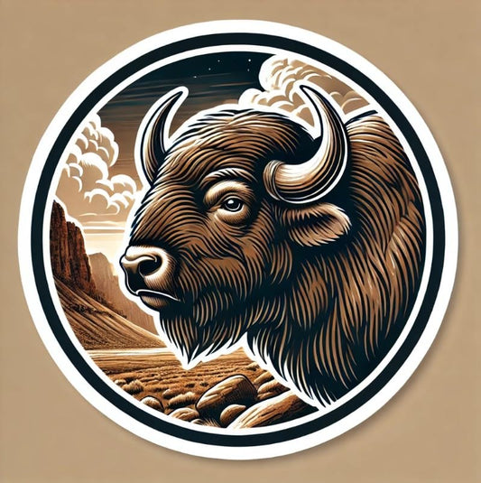 Vinyl sticker: Buffalo in Rocky Landscape Circular Sticker for Laptop, Car, Wall, Bumper, Window, Truck, Waterproof Vinyl Decal for Water Bottle (6)
