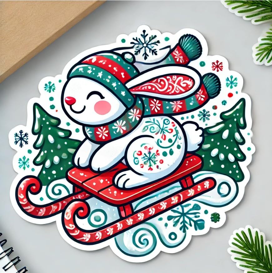 Vinyl sticker: Winter Rabbit Sticker for Laptop, Car, Wall, Window, Waterproof Decal for Bumper, Truck, Water Bottles