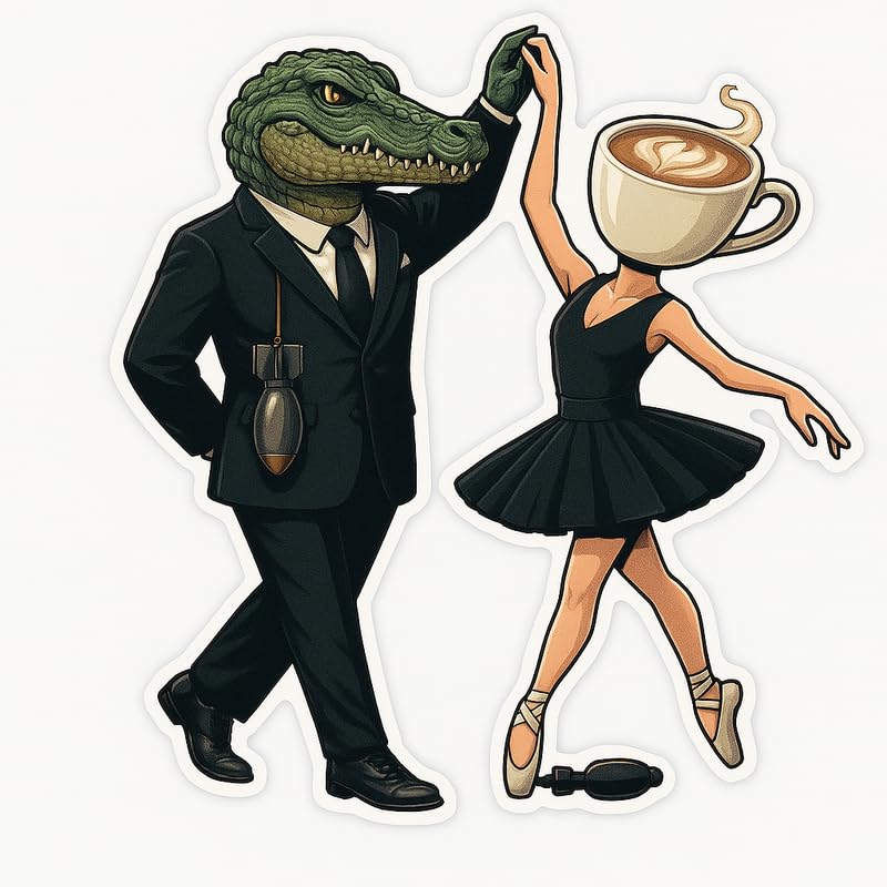 Vinyl sticker: Waterproof Bombardino Crocodilo Sticker for Laptop Wall Car Window Bumper Decal Truck Auto Water Bottle – Elegant Bombardier Crocodile and Coffee Ballerina in Black 4in