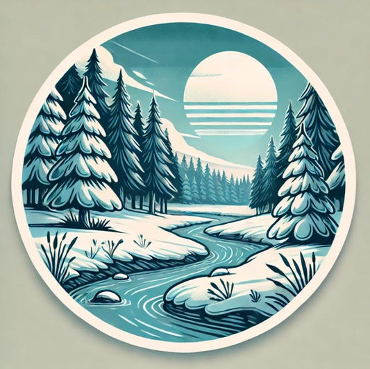 Vinyl sticker: Round Snowy Forest Landscape Sticker - Natural Scenery Decal for Laptop, Wall, Car, Window, Bumper, Truck, Waterproof Auto, Water Bottle Decor