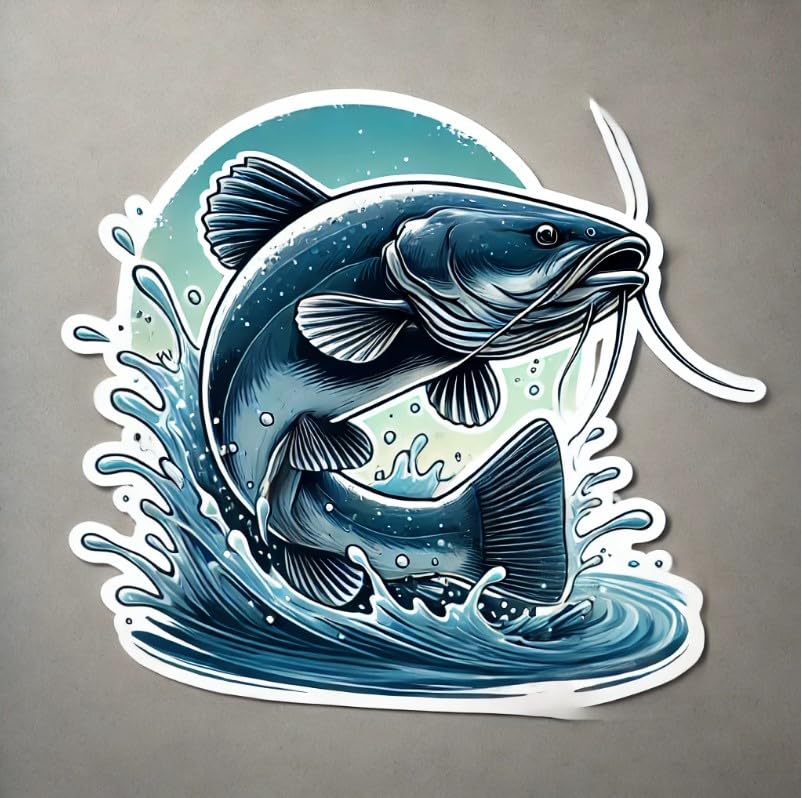 Vinyl sticker: Channel Catfish Jumping Vinyl Sticker for Laptop, Wall, Car, Window, Bumper, Truck, Waterproof Auto, Water Bottle. Variation 12