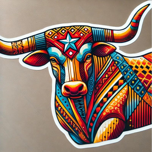 Vinyl sticker: Colorful Texas Longhorn Bull Decal – Artistic Vinyl Sticker for Laptop, Car, Wall, Window, Bumper, and Water Bottle – Waterproof and UV Resistant