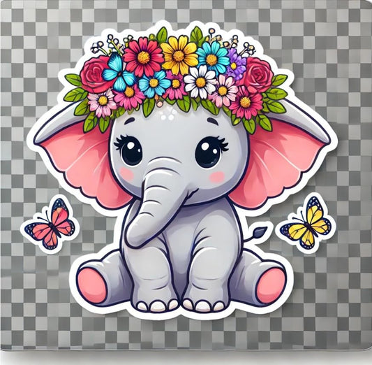 Vinyl sticker: Sweet Baby Elephant Wall Laptop Car Window Bumper Sticker Decal – Waterproof Vinyl Elephant with Flower Crown for Water Bottles
