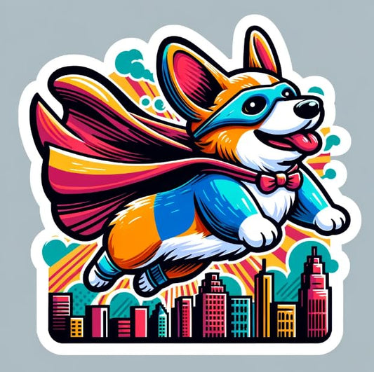 Vinyl sticker: Superhero Corgi Over City Sticker - Whimsical Comic Book Decal for Dog and Hero Fans