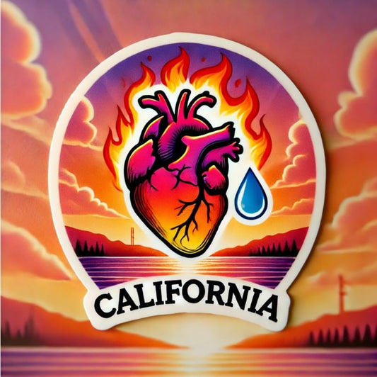 Vinyl sticker: California Strength – Heart of Flames with Mountain and Water Symbol – Rebuilding and Hope Support Sticker