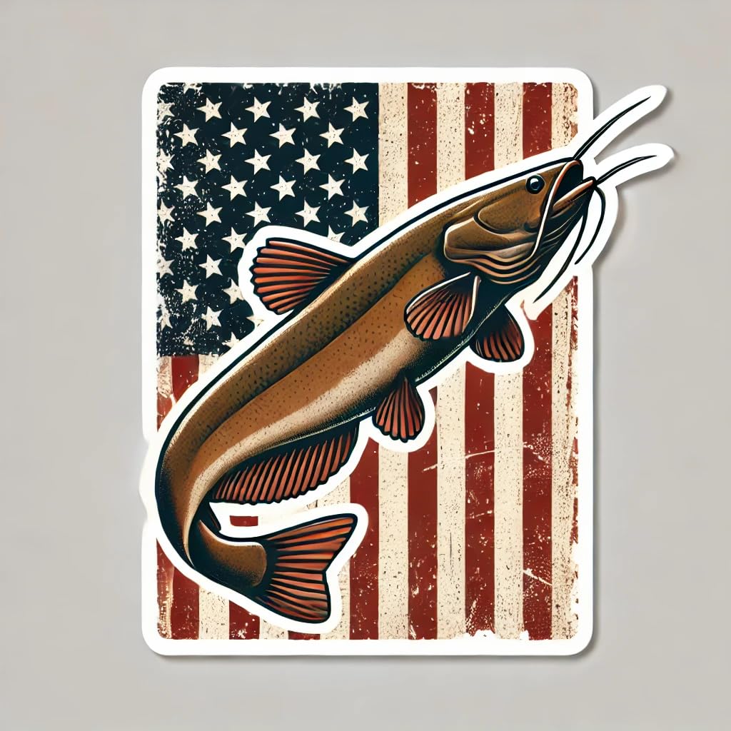 Vinyl sticker: Tattered Swampy Brown American Flag Background Catfish Sticker Decal - Perfect for Car, Truck, Wall, Laptop, Window, Bumper, Water Bottle, and More