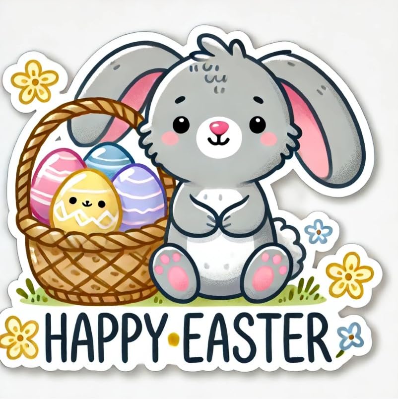 Vinyl sticker: Happy Easter Rabbit with Basket Sticker for Laptop, Wall, Car, Window, Bumper, Decal, Truck, Waterproof, Auto, Water Bottle – Cute Grey Bunny & Pastel Eggs