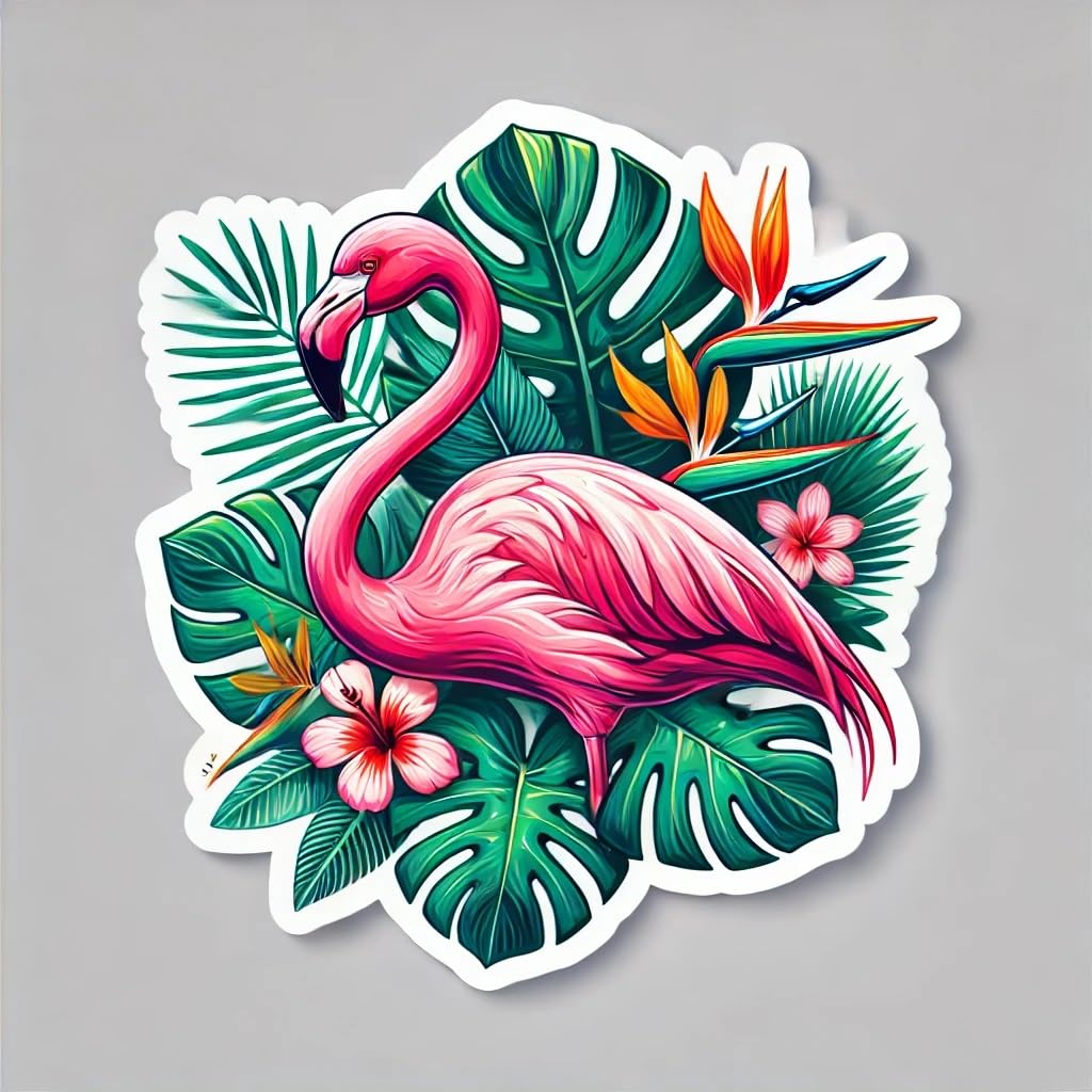 Vinyl sticker: Tropical Flamingo Decal Sticker for Laptop, Wall, Car, Window, Bumper, Truck, Waterproof Auto, and Water Bottle - Vibrant Flamingo with Exotic Flowers and Palm Leaves (8)