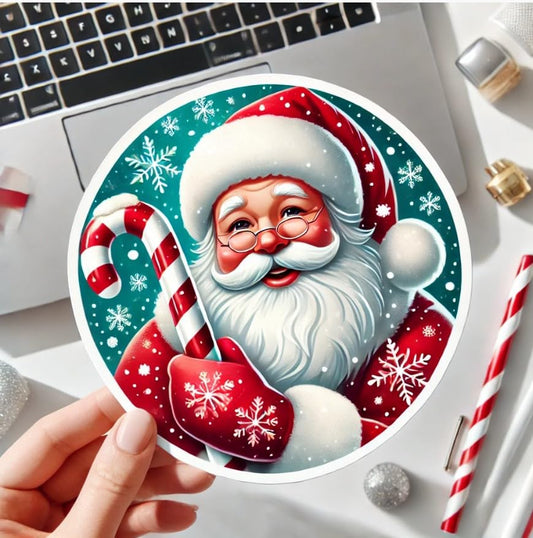 Vinyl sticker: Santa Claus with Candy Cane Holiday Sticker for Laptop, Wall, Car Window, Bumper, Truck, Waterproof Christmas Decal for Water Bottles, Auto and More
