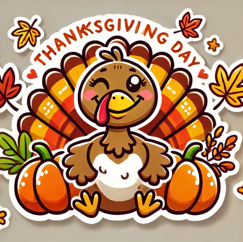 Vinyl sticker: Thanksgiving Day Cartoon Turkey Sticker for Laptop, Wall, Car, Window, Bumper Decal – Fun Autumn Design for Truck, Waterproof and Auto Use, Perfect for Water Bottles and More