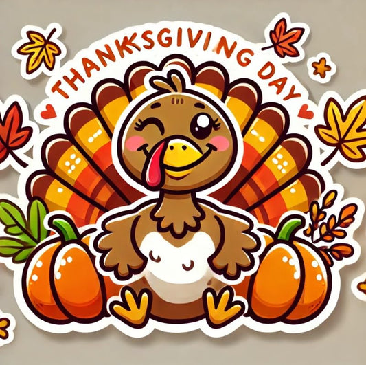 Vinyl sticker: Thanksgiving Day Cartoon Turkey Sticker for Laptop, Wall, Car, Window, Bumper Decal – Fun Autumn Design for Truck, Waterproof and Auto Use, Perfect for Water Bottles and More
