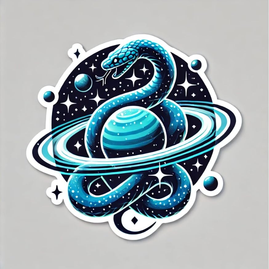 Vinyl sticker: Glowing Blue Celestial Snake Sticker with Saturn Design for Laptop, Wall, Car, Window, Bumper, Truck, Waterproof Decal, Auto, and Water Bottle