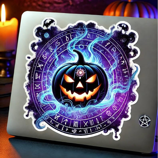 Vinyl sticker: Runes and Mist Mystic Pumpkin Sticker for Laptop, Wall, Car, Window, Bumper, Waterproof Decal with Glowing Symbols, Swirling Mist, and Ethereal Halloween Design