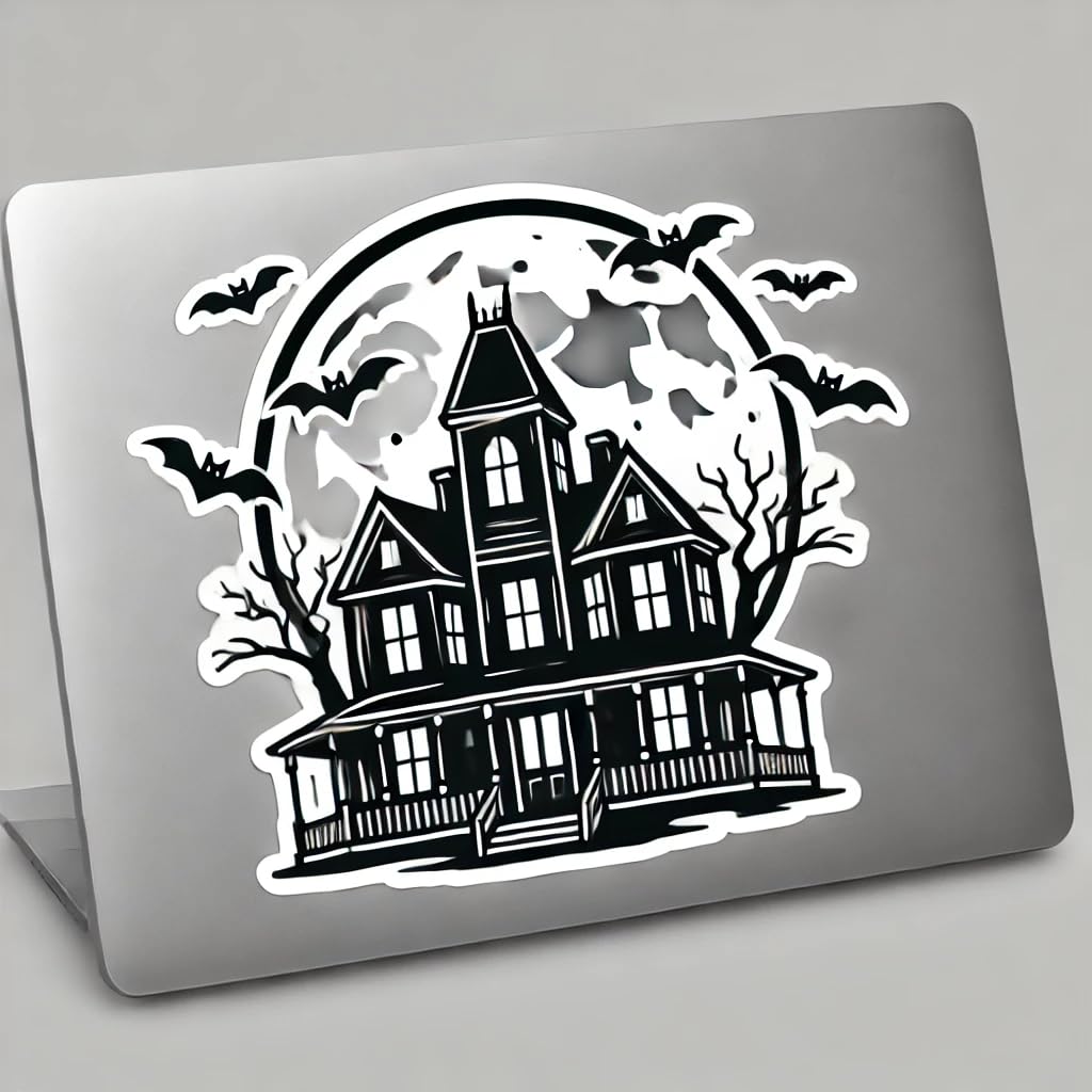 Vinyl sticker: Haunted House with Full Moon and Bats Sticker for Laptop, Wall, Car, Window, Bumper, and Water Bottle - Waterproof Vinyl Decal for Truck and Auto (8)
