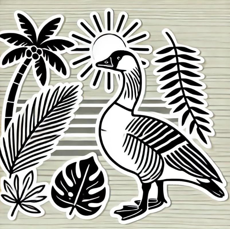 Vinyl sticker: Sticker Waterproof Car Laptop Wall Window Bumper Auto Water Bottle Truck Decal Featuring Minimalist Line Art of Hawaiian Goose Nene with Palm Leaves and Sun (4)