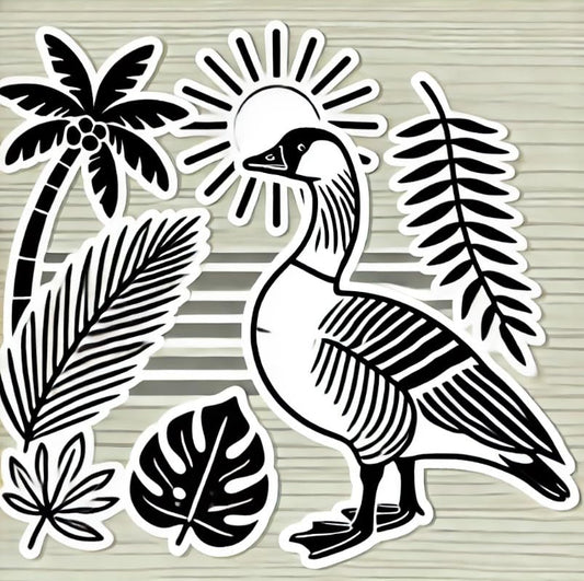Vinyl sticker: Sticker Waterproof Car Laptop Wall Window Bumper Auto Water Bottle Truck Decal Featuring Minimalist Line Art of Hawaiian Goose Nene with Palm Leaves and Sun (4)