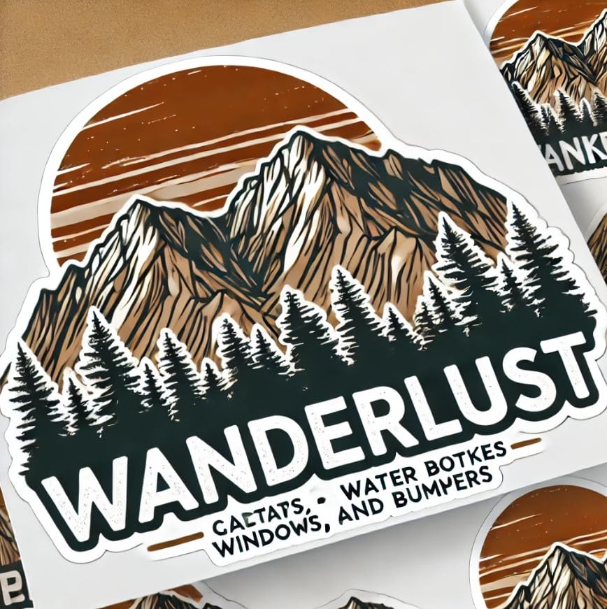 Vinyl sticker: Retro Wanderlust Decal – Forest and Mountain Sunset for Car, Laptop, Window, Water Bottle, Truck, and Bumper