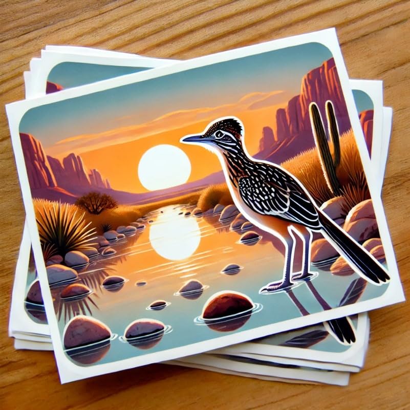 Vinyl sticker: Laptop Wall Car Window Bumper Sticker Decal Truck Waterproof Auto Water Bottle – Sunrise Chaparral Bird by Desert Riverbed with Zia Sun and Morning Reflections