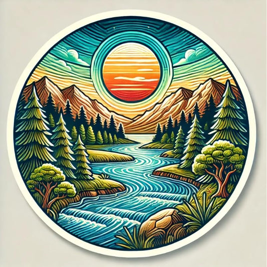 Vinyl sticker: Round Natural Landscape Sticker - Mountain and Lake Scenery Decal for Laptop, Wall, Car, Window, Bumper, Truck, Waterproof Auto, Water Bottle Decor