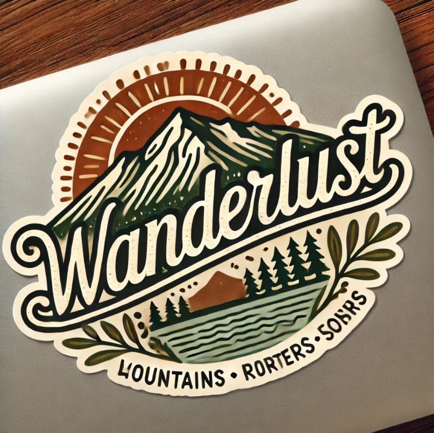 Vinyl sticker: Wanderlust Sticker – Adventure-Ready Decal with Mountains & Sun Design for Car, Laptop, Water Bottle, Window, Truck, Bumper