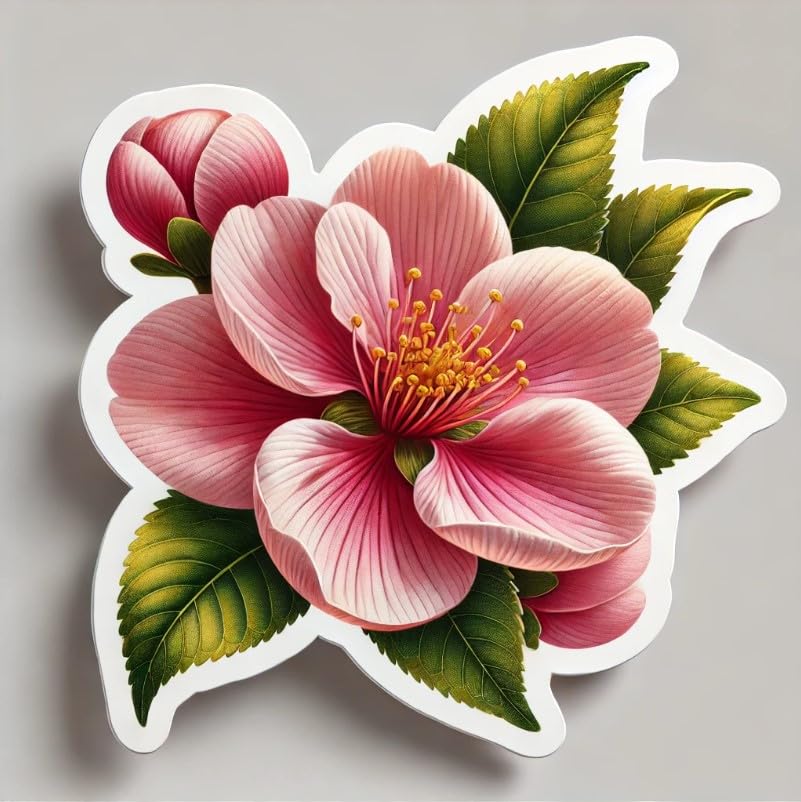 Vinyl sticker: Peach Blossom Laptop Wall Car Window Bumper Sticker Decal Truck Waterproof Auto Water Bottle – Realistic Botanical Illustration. Variation 6