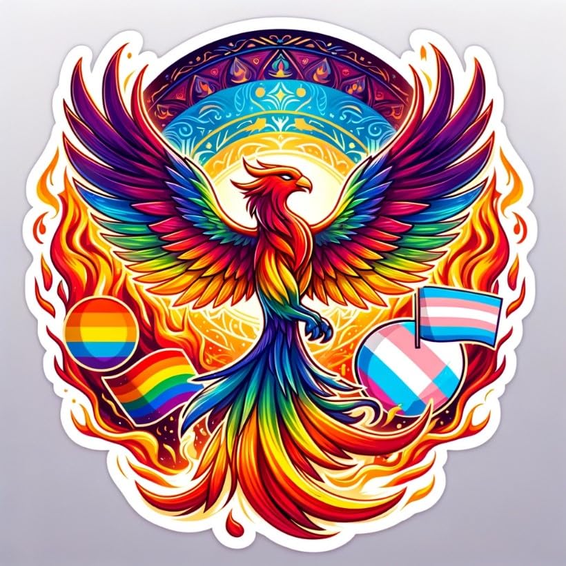 Vinyl sticker: Vibrant Rainbow Phoenix Spread its Wings LGBTQ+ Pride Sticker Decal for Laptop, Wall, Car, Window, Bumper, Waterproof, Truck, Water Bottle
