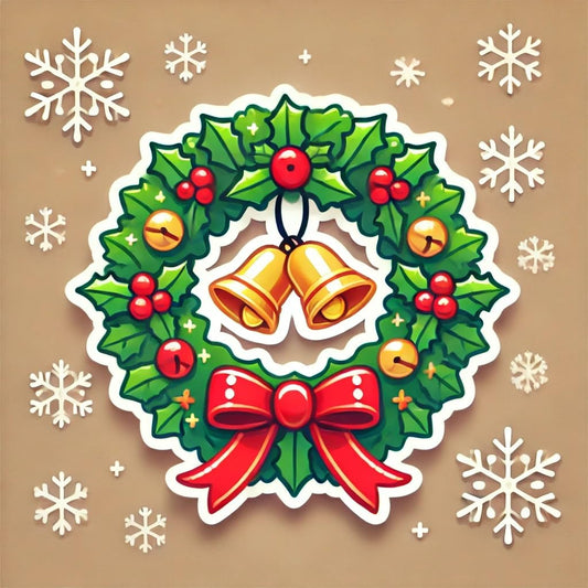 Vinyl sticker: Cheerful Waterproof Vinyl Sticker Decal for Laptop, Wall, Car, Window, Bumper, and Water Bottle Featuring Christmas Wreath and Bells