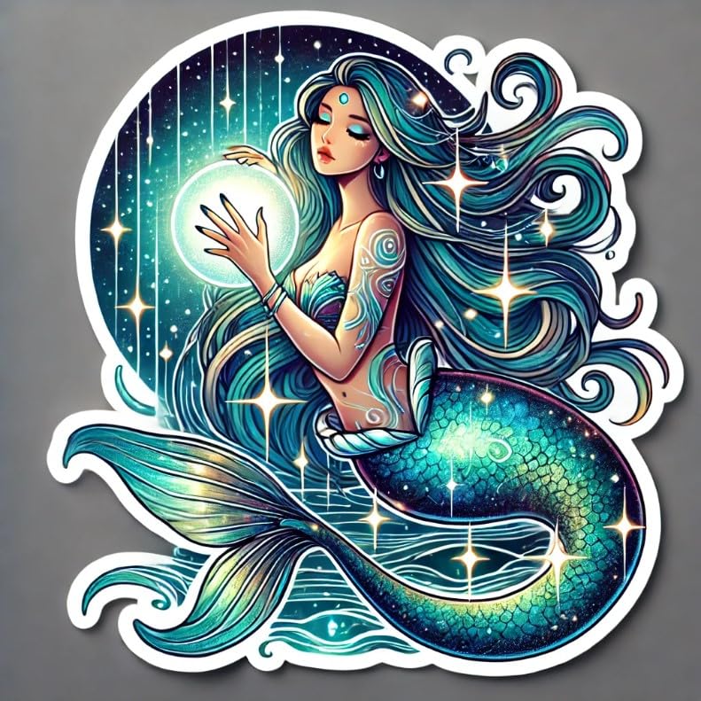 Vinyl sticker: Mystical Mermaid Laptop Wall Car Window Bumper Sticker Decal - Teal Turquoise Scales, Moonlit Ocean, Night Sky, Waterproof, Auto, Water Bottle Decor