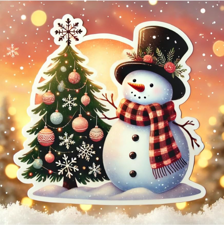 Vinyl sticker: Snowman Plaid Scarf Christmas Tree Sticker for Laptop, Car, Wall, Window, and Water Bottle | Festive Vinyl Decal