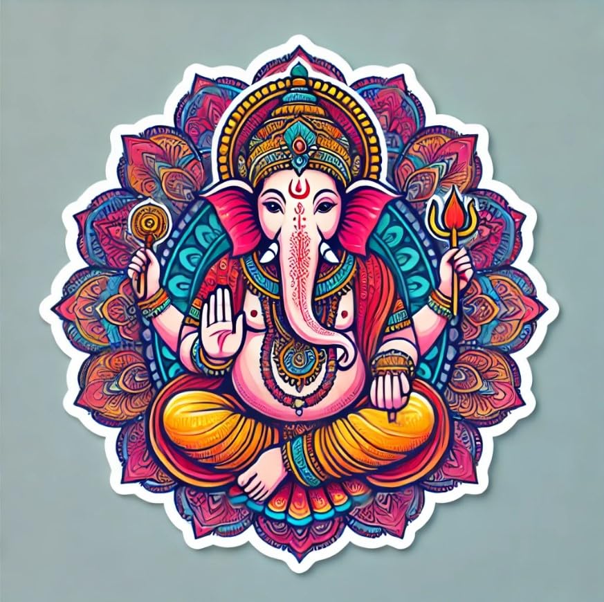 Vinyl sticker: Traditional Ganesha Laptop, Wall, Car, Window, Bumper Sticker - Seated with Mandala Design - Waterproof Decal for Trucks, Water Bottles, Auto, and Home Decor