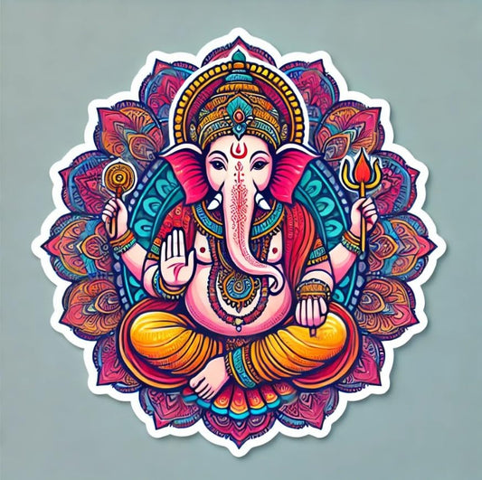 Vinyl sticker: Traditional Ganesha Laptop, Wall, Car, Window, Bumper Sticker - Seated with Mandala Design - Waterproof Decal for Trucks, Water Bottles, Auto, and Home Decor