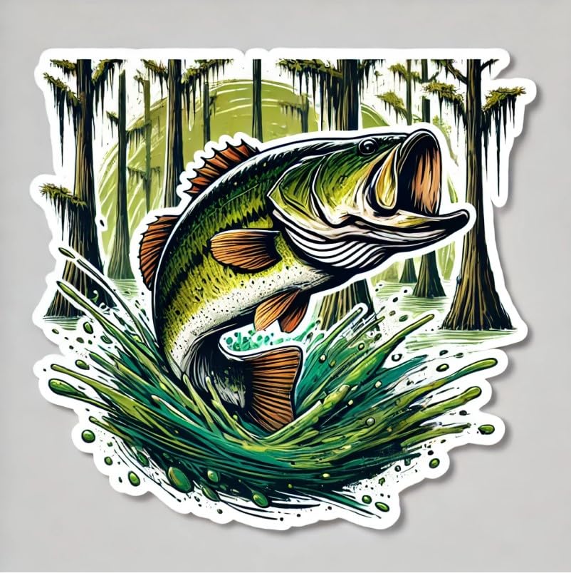 Vinyl sticker: Swamp Cypress Largemouth Bass Sticker for Car, Laptop, Water Bottle, and Bumper – Florida Fish Decal with Mossy Splash Design, Waterproof and Durable