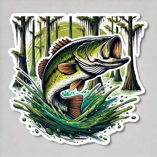 Vinyl sticker: Swamp Cypress Largemouth Bass Sticker for Car, Laptop, Water Bottle, and Bumper – Florida Fish Decal with Mossy Splash Design, Waterproof and Durable