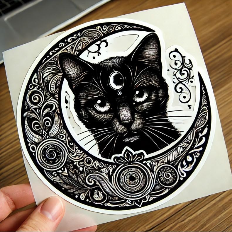 Vinyl sticker: Gothic Black Cat Halloween Sticker for Laptop, Wall, Car, Window, Bumper, Waterproof Decal with Dark Eyes, Gothic Patterns, and Crescent Moon (4)