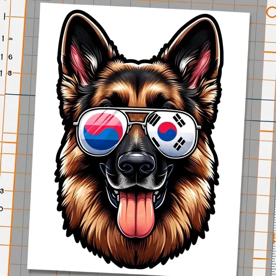 Vinyl sticker: Sticker German Shepherd Glasses Flag Korean Patriotic Dog Vinyl Decal American Flag & Cute Dogs in Glasses USA Pride Canine Waterproof Décor for Laptops Shepherd wWndow Sticker
