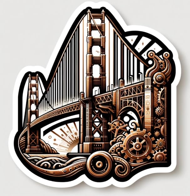 Vinyl sticker: Steampunk Golden Gate Bridge Sticker – Bronze and Copper Decal for Laptops, Cars, and Windows (6)