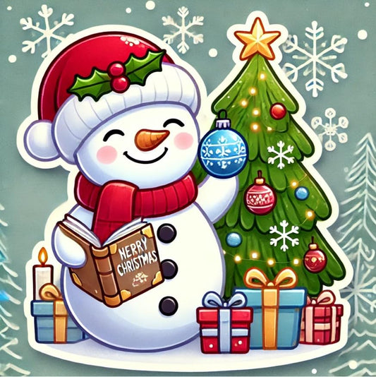 Vinyl sticker: Snowman Holding Book and Ornament Festive Design