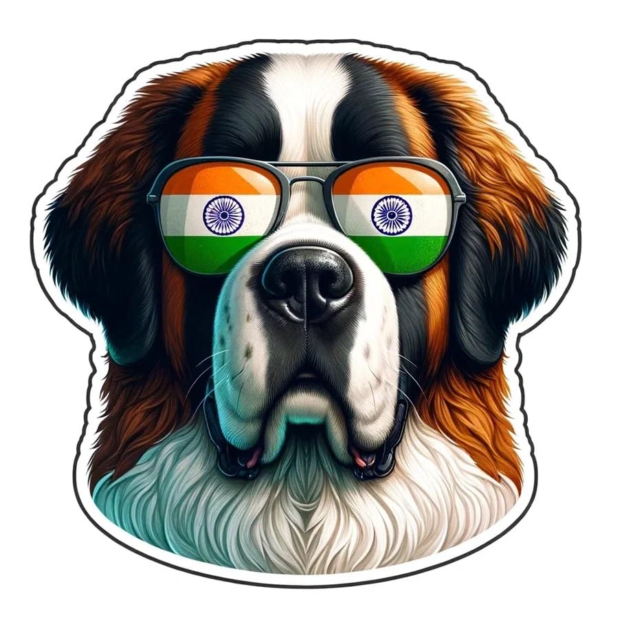 Vinyl sticker: Sticker Saint Bernard Glasses Flag India Patriotic Dog Vinyl Decal American Flag & Cute Dogs in Glasses USA Pride Canine Waterproof Décor for Laptops Water Bottles Novelty Saint Bernard (8")