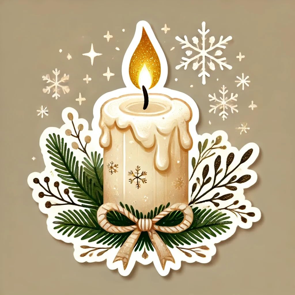 Vinyl sticker: Christmas Candle Sticker for Laptop, Wall, Car, Window, Bumper – Magical Candle with Gold and Silver Ornaments – Waterproof, UV Resistant for Truck, Auto, Water Bottle, and More