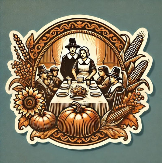 Vinyl sticker: Thanksgiving Day Pilgrim Family Sticker for Laptop, Wall, Car, Window, Bumper Decal – Harvest Table Design for Truck, Waterproof and Auto Use, Ideal for Water Bottles and More