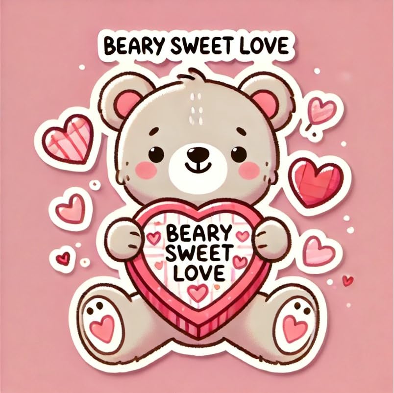 Vinyl sticker: Beary Sweet Love Teddy Bear on Heart-Shaped Cushion Valentine's Day Sticker for Car Window, Laptop, Bumper, Waterproof Decal for Truck, Auto, Water Bottle Decoration