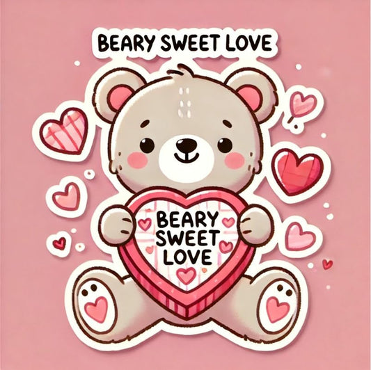 Vinyl sticker: Beary Sweet Love Teddy Bear on Heart-Shaped Cushion Valentine's Day Sticker for Car Window, Laptop, Bumper, Waterproof Decal for Truck, Auto, Water Bottle Decoration