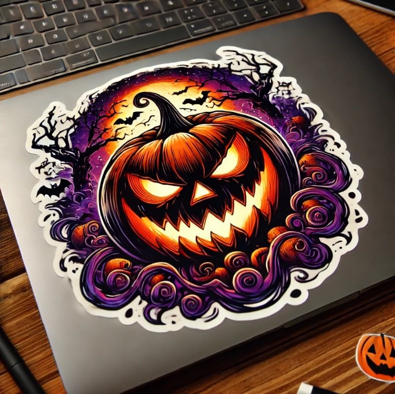 Vinyl sticker: Creepy Jack-o'-Lantern Sticker for Laptop, Wall, Car, Window, Bumper, Waterproof Decal with Sinister Grin, Twisted Trees, and Bats in a Dark Halloween Design