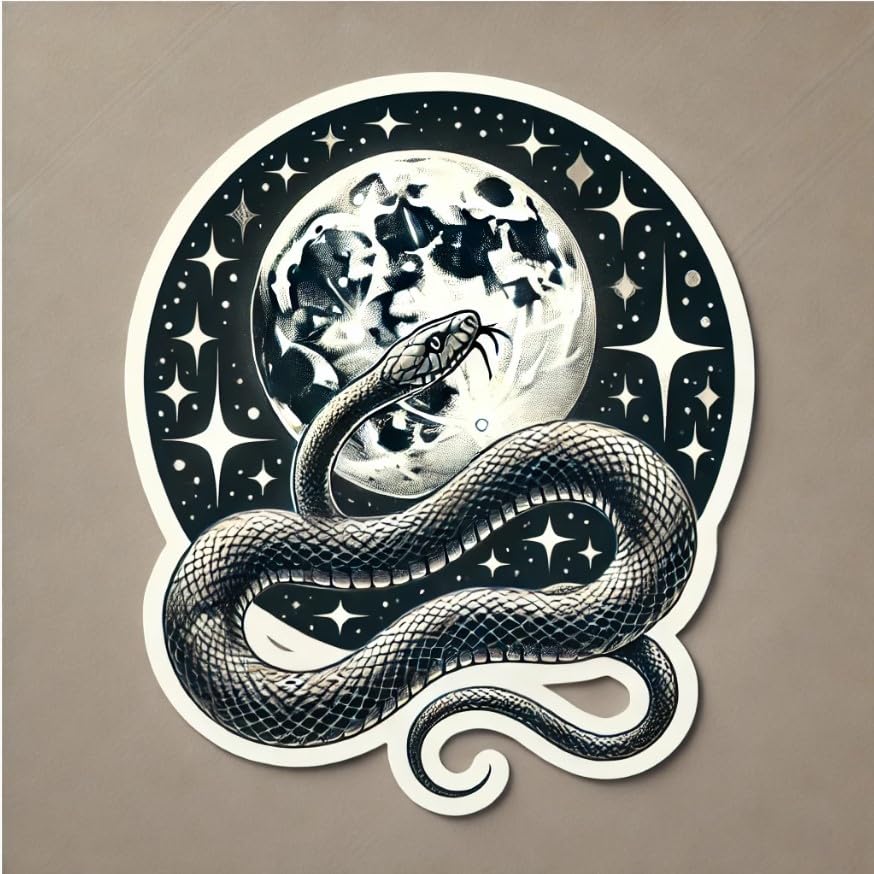 Vinyl sticker: Silver Celestial Snake Sticker Coiled Around Full Moon for Laptop, Wall, Car, Window, Bumper, Truck, Waterproof Decal, Auto, and Water Bottle