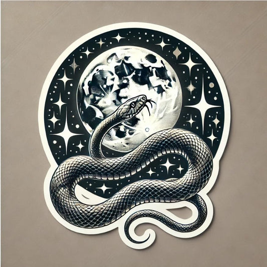 Vinyl sticker: Silver Celestial Snake Sticker Coiled Around Full Moon for Laptop, Wall, Car, Window, Bumper, Truck, Waterproof Decal, Auto, and Water Bottle