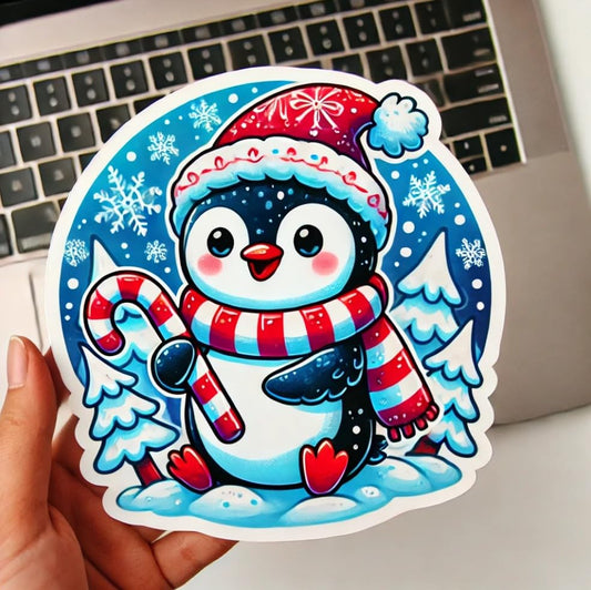 Vinyl sticker: Cheerful Penguin Snowy Scene Sticker – Perfect for Laptop, Car, Wall, Window, Bumper, Waterproof Vinyl Decal, Auto and Water Bottle Decoration