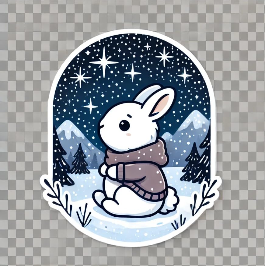 Vinyl sticker: Enchanting Winter Rabbit Wall Laptop Car Window Bumper Sticker Decal – Waterproof Vinyl Rabbit with Starry Night for Water Bottles and Auto Use